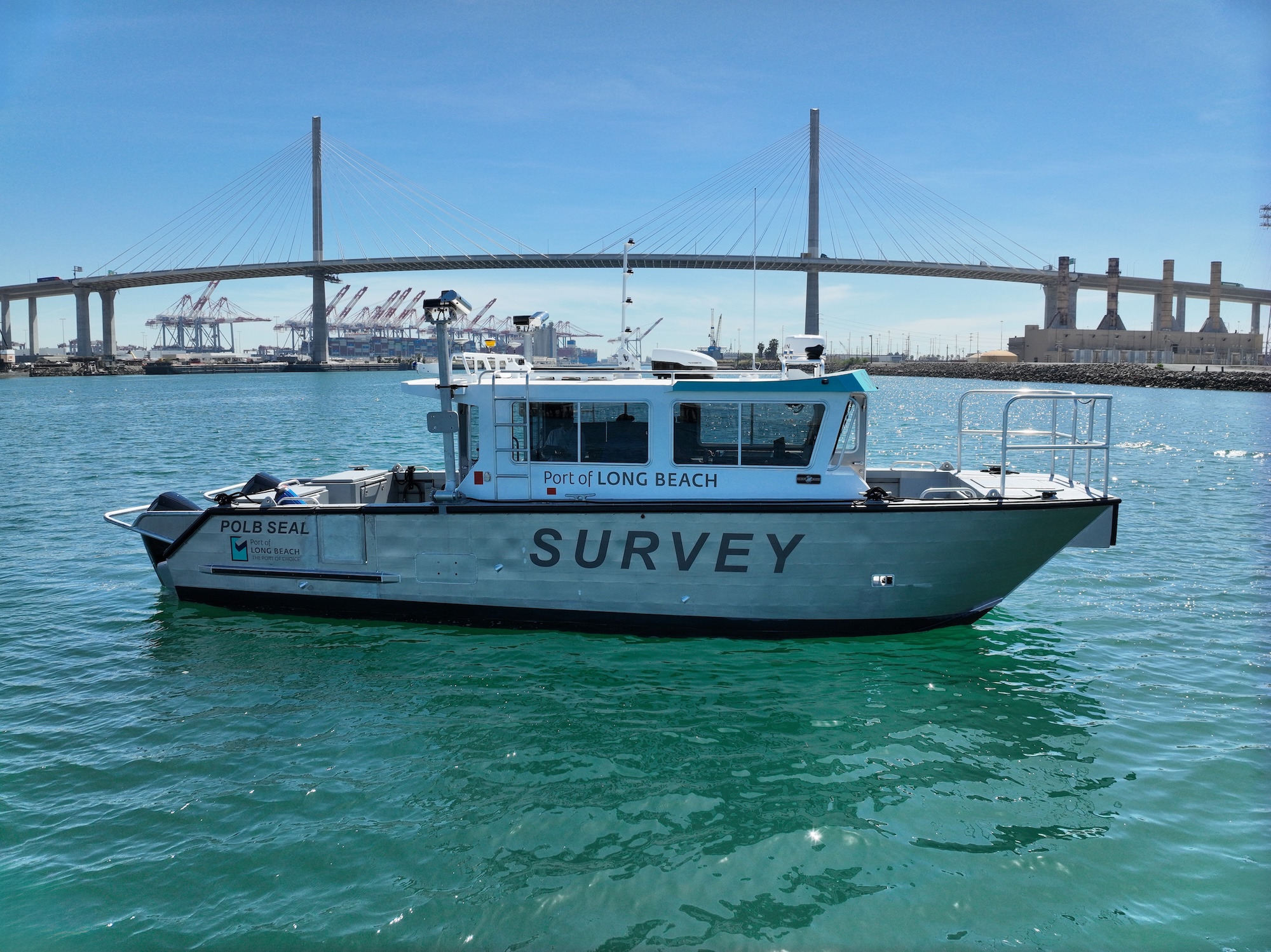 Silver Ships New Catamaran 35 Survey Vessel on water at Port of Long Beach.